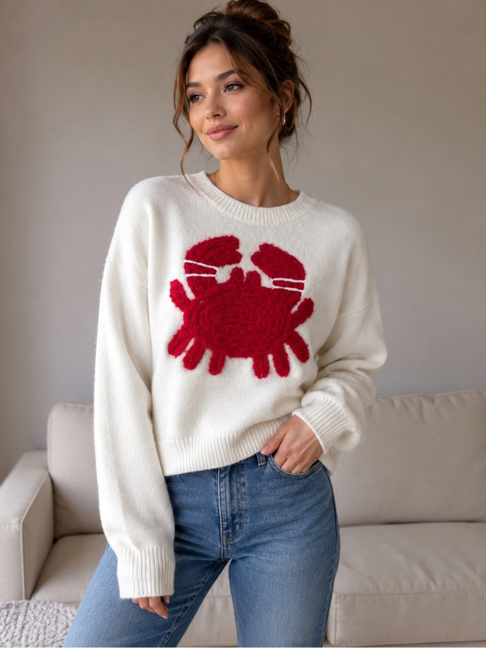 debut Cream Crewneck Sweater with Red Crab Graphic - Picture 8 of 8